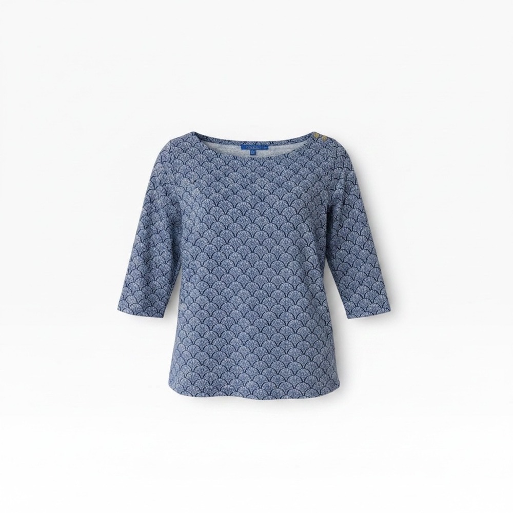 J.McLaughlin Women Blue Fan Shell Print Boatneck 3/4 Sleeve Top Gold Buttons S